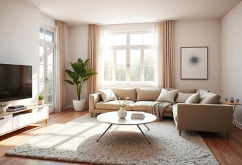 Fototapeta premium Sunlit living room, neutral palette, comfy sofa, modern coffee table, plush rug, modern, coffee table