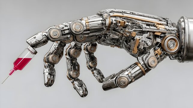 A robotic hand delicately holds a sye filled with a red liquid for medical injection purposes.