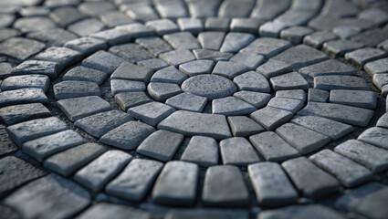 Detailed geometric pattern of gray cobblestone pavement arranged in an intricate circular layout