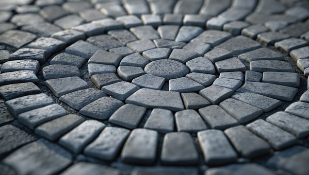 Detailed geometric pattern of gray cobblestone pavement arranged in an intricate circular layout
