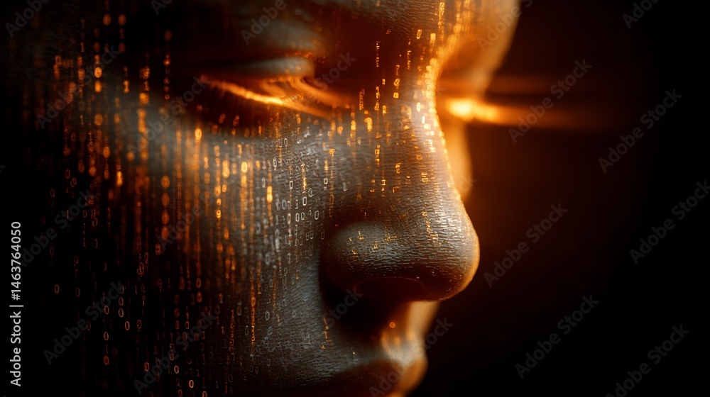 Poster abstract rendering of a digital human face with luminous binary code overlay