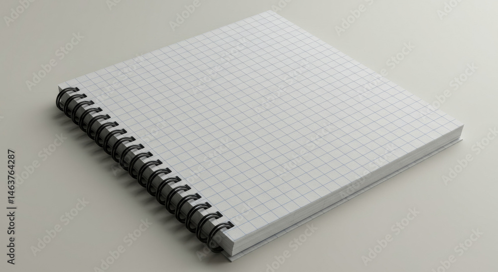 Poster gridded spiral notebook resting on a light gray surface. blank, ready for writing or sketching. stud