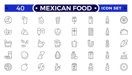 Mexican Food outline icons. Fast food vector icon line set. Burger sandwich pizza hot dog cola coffee sweets.