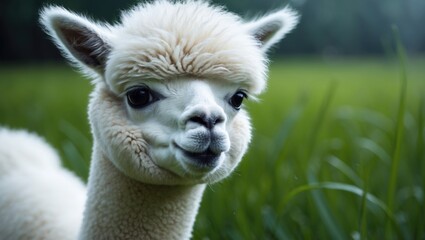 Obraz premium Sweet baby alpaca with white fleece on farmland