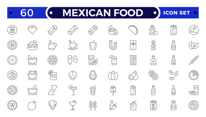 Mexican Food outline icons. Fast food vector icon line set. Burger sandwich pizza hot dog cola coffee sweets.