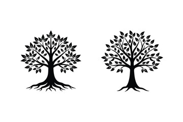 Obraz premium Two silhouette trees with leaves and roots in black color on white background