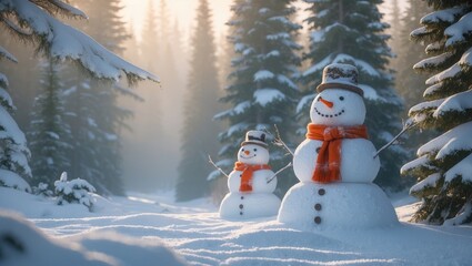 Obraz premium Beautiful winter panorama with two snowmen amidst nature and frost
