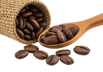 Fototapeta premium Premium roasted arabica coffee beans in burlap sack and wooden spoon