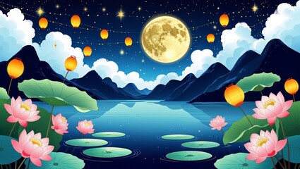 Serene Night Lake Lotus, Moon, Lanterns