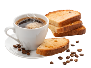 a cup of hot espresso sits beside two pieces of bread on white background png