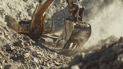 Excavator Digging in Rocky Terrain