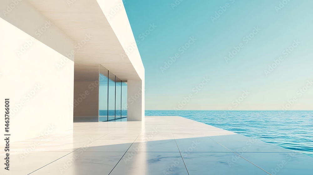 Poster ターコイズ色の海と白い建物のある現代的なミニマリスト建築 美しい夏の日の完璧な景色 空の背景とのモダンなデザイン