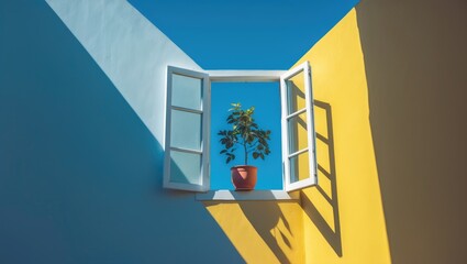 Open white window set into the wall surface