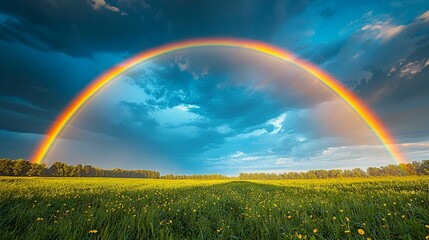 Naklejka premium Rainbow arching over a field after a storm