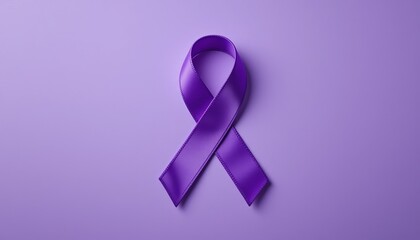 A single, intricately formed purple ribbon lies centered against a monochromatic lavender