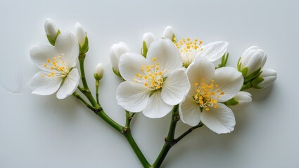 Beautiful orange tree flower bunch isolated on white, displaying white bitter orange citrus blossoms and buds with a fragrant bloom