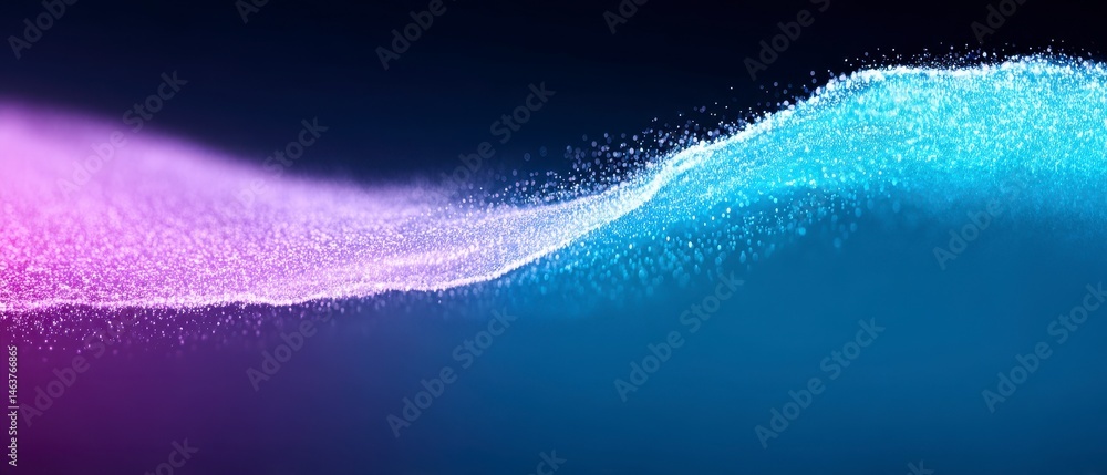 Poster abstract colorful wave with sparkling particles on a dark background.