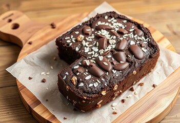 Vegan chocolate oat cake with coconut, parchment paper, wooden board, copy space, chocolate