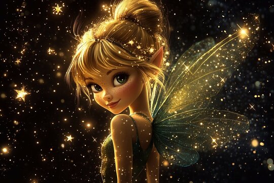 
A beautiful Tinkerbell, full-body, glowing and sparkling with magical energy, against a black background with stars and sparkles, 