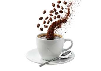 Freshly brewed coffee with falling beans and powder photography