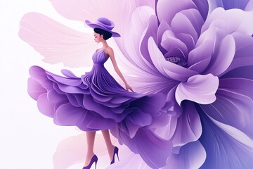
A girl in an elegant purple dress stands under the giant flower, wearing high heels and a hat on her head. The background is white with a flat illustration style.