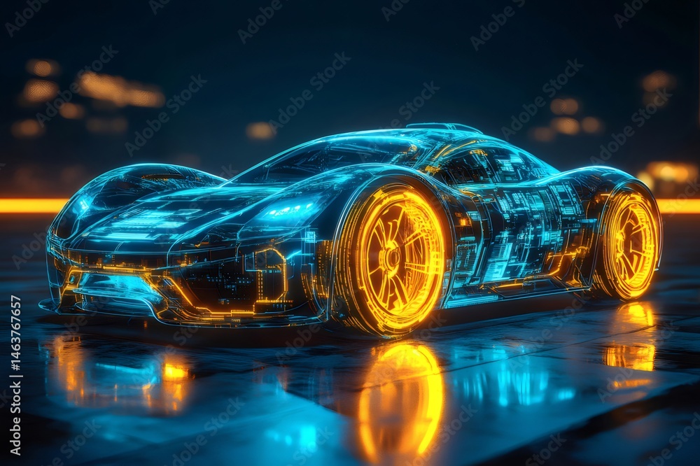 Poster ネオンライトが照らす未来的な電気自動車 ブルーとオレンジの輝きを放ち都市の背景に佇むデジタルトランスポートのビジュアル