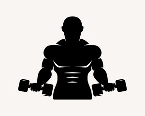 Waist up silhouette bodybuilder with dumbbells. Graphic design for t-shirt and emblem. Black print on white background