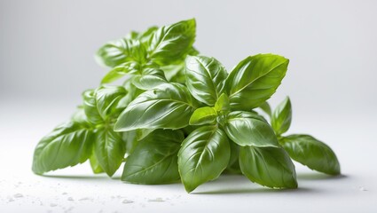 Isolated basil herb with green leaves on white surface, ideal for food ingredient design