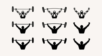 Women powerlifter holds a barbell over his head. illustration in style engraving and silhouette. Isolated black print on white background