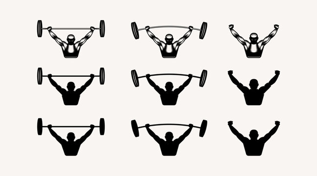 Women powerlifter holds a barbell over his head. illustration in style engraving and silhouette. Isolated black print on white background