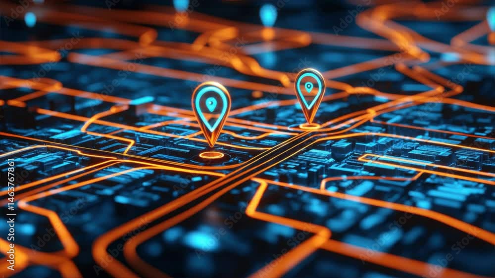 Poster a vibrant digital map with glowing routes and location pins, symbolizing modern navigation and conne