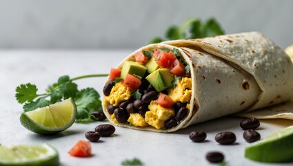 Healthy Vegan Breakfast Burrito Filled with Tofu, Beans, and Fresh Vegetables