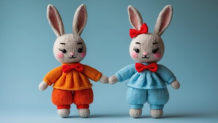 Brightly colored knitted toys arranged on a white background