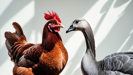 Profile shot of a chicken and goose on a white background, farm-themed and cheerful