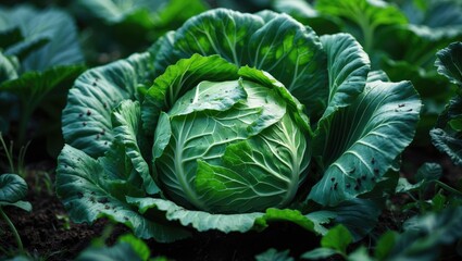 Fototapeta premium Lush green cabbage plant featuring large, holey leaves growing healthily in moist soil