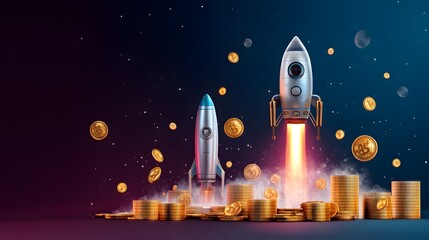 Obraz premium Soaring into the Future: A vibrant illustration of two rockets, ascending with trails of light. The scene is filled with gold coins symbolizing prosperity and technological advancement.