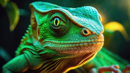 Wildlife macro shot of a chameleon&acirc;&euro;&trade;s head with vibrant green and brown hues