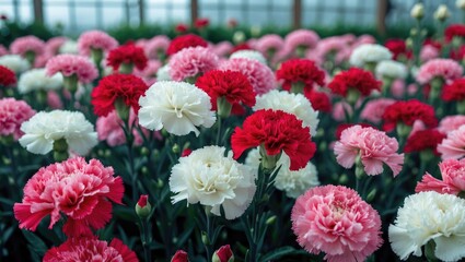 Springtime flower arrangement showcasing carnations in a horticultural garden