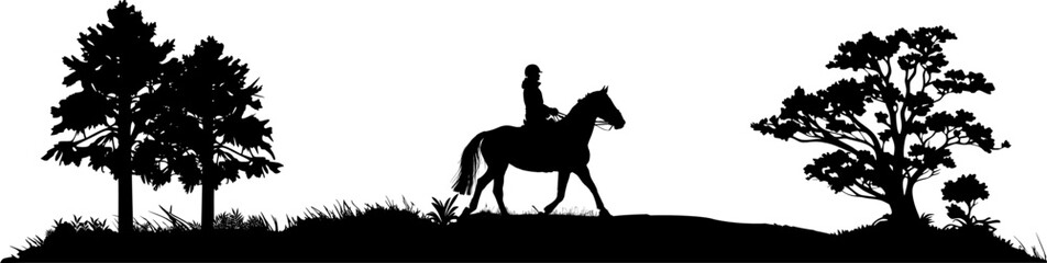 Vektor Silhouette Körper Pferd mit Reiterin - Reiten in der Natur mit Bäumen und Wiesen - Reitsport - Design Element isoliert © fotografiedk