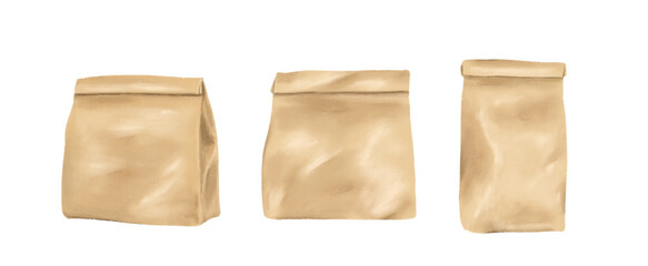 brown paper bag realistic illustration isolated. Set of Paper bag hand drawn for package business delivery food or drinks