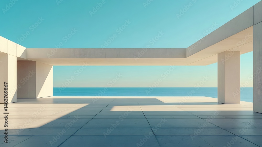 Aufkleber 穏やかな青い空の下のミニマリストのコンクリート建築と海の景色を持つテラス