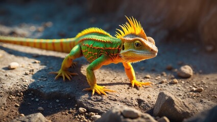 Fototapeta premium Taunting yellow Asian chameleon lizard on the ground