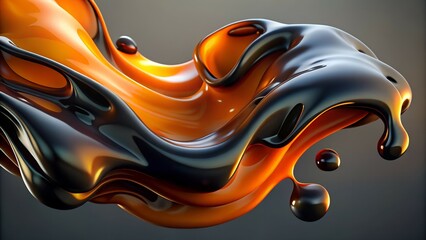 Abstract Glossy Black and Orange Liquid Flow 3D Render