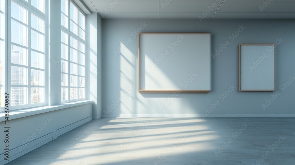 Poster Empty modern room with large windows and blank canvases