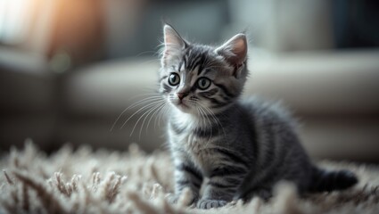 Naklejka premium Small gray cat curious indoors