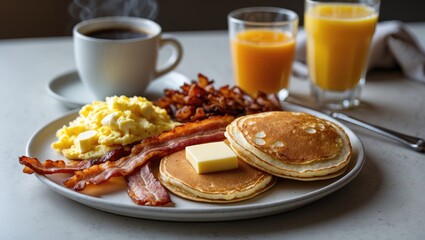 Traditional American breakfast plate with scrambled eggs, bacon, hash browns, and pancakes accompanied by coffee and juice.
