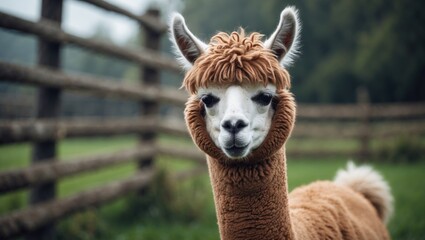 Obraz premium Portrait of a funny light brown alpaca with curly fleece at a farm