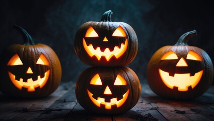 Dark spooky pyramid made of carved jack-o-lanterns with glowing faces, perfect for Halloween celebration banner.