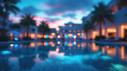 Blurred Landscape of Calm Pool Area at Sunset Featuring Colorful Lighting and Reflections
