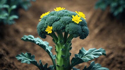 Broccoli inflorescence with yellow blossoms and stalks